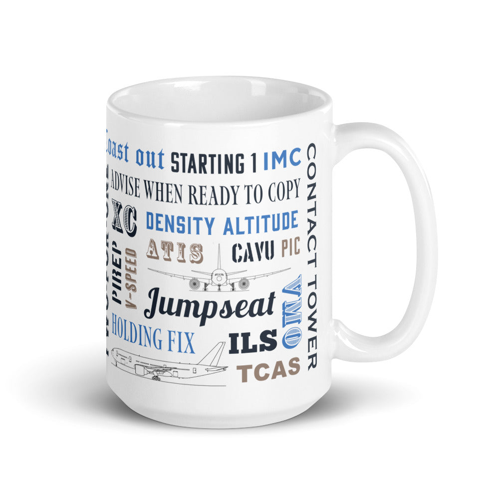 Say Again Mug With Commercial Pilot Words Used During Flight